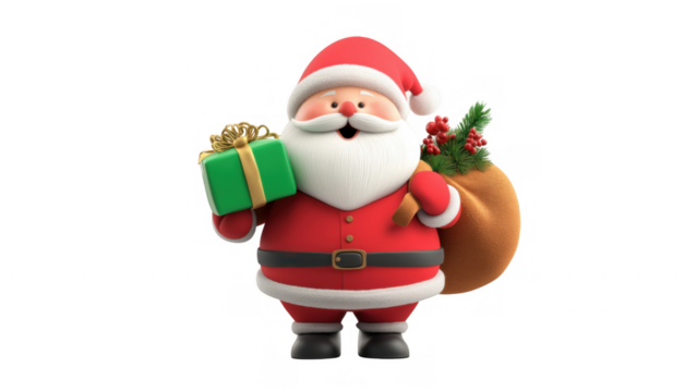 Santa Claus holds a gift while standing next to a sack, created AI, PNG