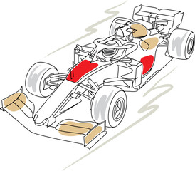 Naklejka premium Detailed Line Art Vector Illustration of a Formula One Racing Car Speeding