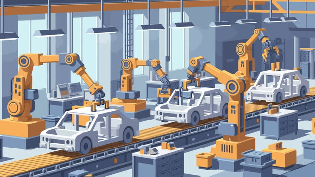 Modern Automotive Manufacturing Factory with Advanced Robotic Arms on an Assembly Line, Showcasing Efficient Industrial Automation and Production Process