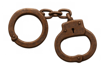 Rusted metal handcuffs on a transparent background, depicting concepts of crime, justice, arrest, and restriction