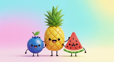 A cartoon image of a blueberry, a pineapple, and a watermelon standing together on a gradient background