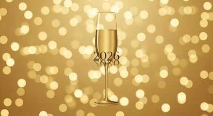 2026 Champagne Toast: Golden Luxury Bokeh Background for Happy New Year Celebration, Holiday Greeting Card Banner, Festive Event Invitation Template.