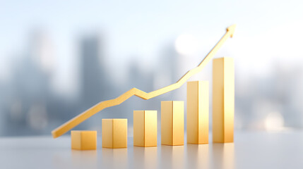 Golden upward arrow against a city skyline background: stock and financial concept