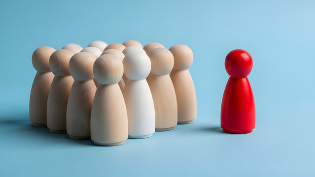 A red wooden figure stands apart from a large group of light-colored wooden figures, symbolizing leadership and innovation.