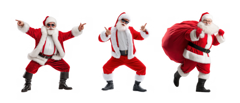 Three playful Santa figures in red costumes, created AI, PNG