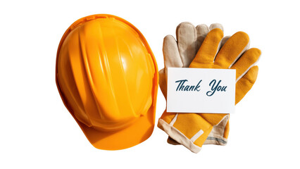 Hard hat and gloves with a colorful thank you card, AI, PNG