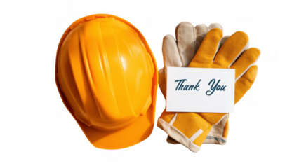 Hard hat and gloves with a colorful thank you card, AI, PNG
