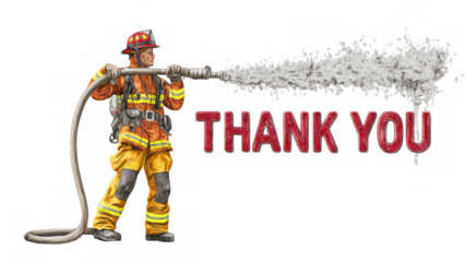 A firefighter sprays water while showing appreciation, AI, PNG