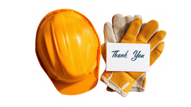 Hard hat and gloves with a colorful thank you card, AI, PNG