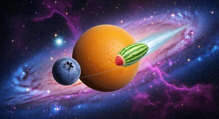 Naklejka premium A cosmic scene featuring an orange planet, a blueberry moon, and a watermelon comet in space