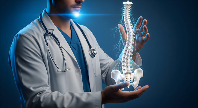 Innovative doctor demonstrating spine anatomy with neural network showing advanced medical technology for cutting edge treatment options and research applications