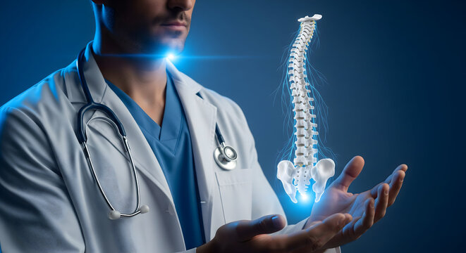 Medical professional displaying spine hologram, visualizing innovative healthcare technology for future medicine, showing spinal health solution in a futuristic way - Powered by Adobe