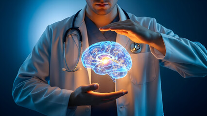 Neurologist carefully examines vibrant brain scan, showcasing modern medical technology and innovative research, representing hope for neurological health