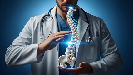 Explore spine health with a caring doctor showing a detailed spinal model, perfect for medical education, innovative healthcare and science presentations