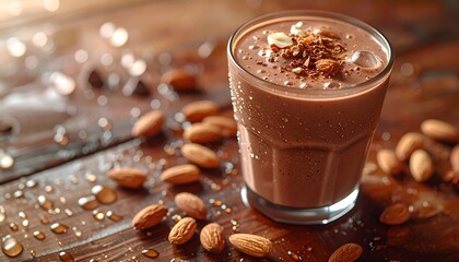 Delicious chocolate smoothie with nuts and almonds on a wooden table setting