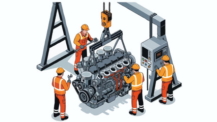 Isometric illustration of two faceless mechanics inspecting a large industrial engine suspended by a hydraulic engine hoist