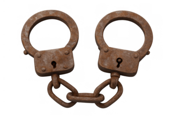 Rusty metal handcuffs symbolizing crime, justice, bondage, and an old legal system with transparent background