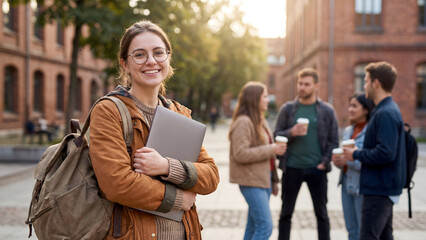 Naklejka premium Modern college lifestyle with student carrying laptop in university campus