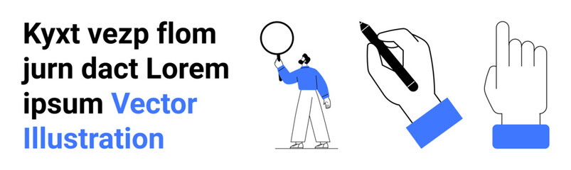 Person holding a speech bubble, hand writing with pen, and hand pointing. Ideal for communication, teamwork, education, creativity, presentation, collaboration simple landing page