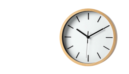 Analog clock; light wood frame, white face, black hands