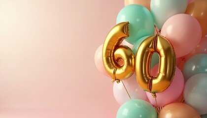 Gold number 60 balloons float with pastel colored air spheres. Festive celebration for a sixtieth birthday party, anniversary, or milestone event decoration.