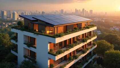 Modern apartment building features solar panels on rooftop terrace. Green plants surrounds sustainable dwelling in vibrant city skyline. Structure eco-friendly design, renewable energy solutions for