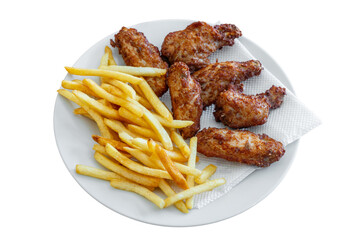 Crispy chicken wings served with golden French fries on a white plate, showcasing delicious comfort food perfect for gatherings and celebrations