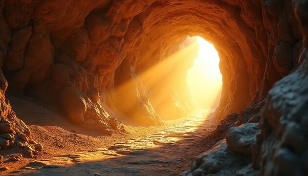Sunlight streams into empty cave tomb with stone path. Rocky walls glow with bright golden light. Religious symbol of hope and resurrection.