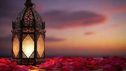 Ramadan lantern on rose petals against a sunset sky