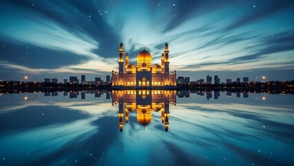 Mosque reflection on water under a dramatic night sky