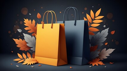 Fall shopping bags with autumn leaves on dark background