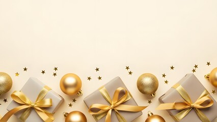 Elegant gift boxes and golden easter eggs on beige background