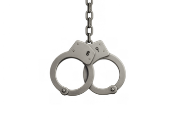 Metal handcuffs connected by a chain. Symbolizing law, crime, arrest, security, police, and justice. Transparent background