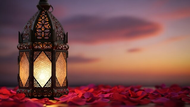 Ramadan lantern on rose petals against a sunset sky - Powered by Adobe