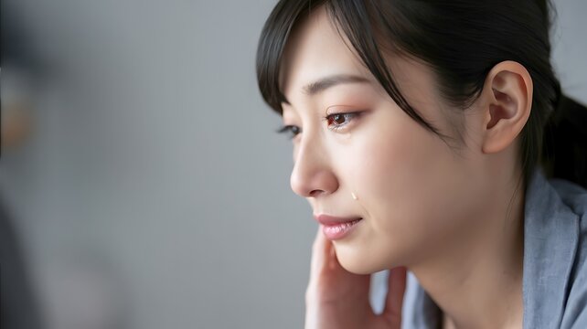 Woman feeling emotional with tears on face in a sad and reflective moment
