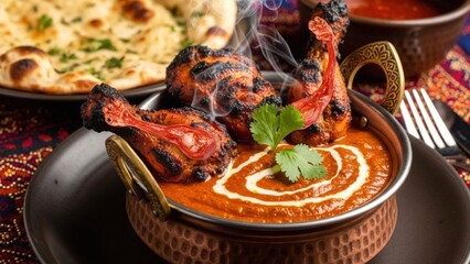 Steaming Butter Chicken with Naan Bread and Red Pepper Garnish i