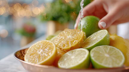 Close-up of a bartender hand squeezing fresh lemon and lime slices over a copper plate with plants in the background