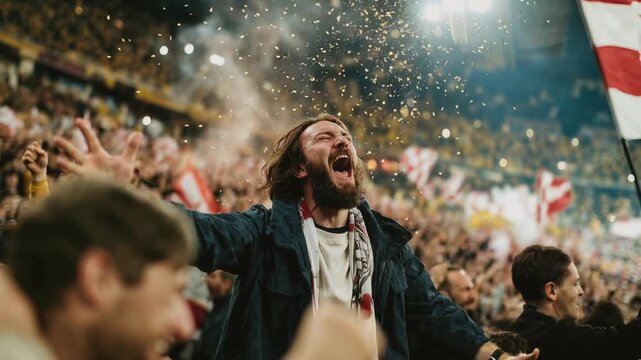 Erupting stadium crowd ignites the night with flags, smoke, and thunderous chants as their team scores, immersing viewers in raw passion, unity, and electrifying game‑day celebration from the stands.