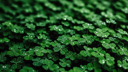 Lush green clover leaves glistening with droplets of water, creating a vibrant and festive atmosphere for St. Patrick's Day celebrations and nature appreciation
