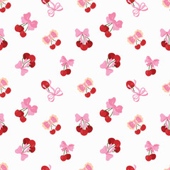Seamless Pattern of Cherries with Bows. Design for fabric, textiles, wallpaper, packaging	