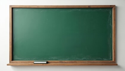 Green chalkboard with wooden frame and eraser on shelf. This blank school board ready for writing lesson notes or drawing. A clean surface for education and creative display needs.