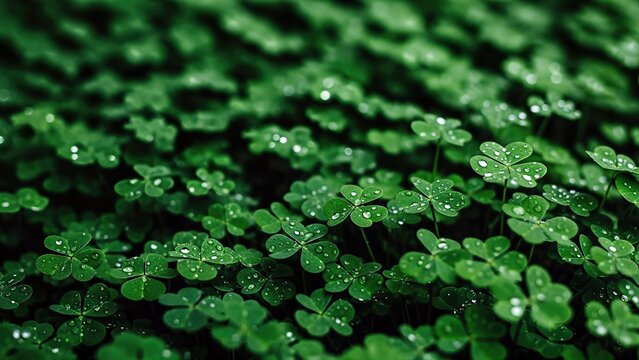 Lush green clover leaves glistening with droplets of water, creating a vibrant and festive atmosphere for St. Patrick's Day celebrations and nature appreciation