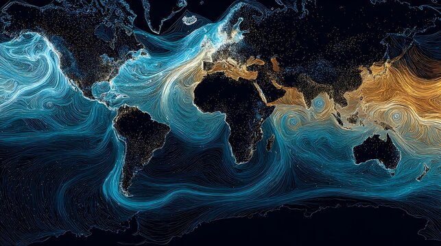 Abstract visualization of global ocean currents and data flow across continents depicted by glowing blue and orange particle streams on a dark background