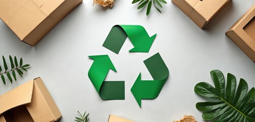 Flat lay of recycled cardboard boxes, palm leaves centered around recycle symbol. Sustainable materials showcase eco-conscious practices. Ideal for environmental campaigns or product packaging design.