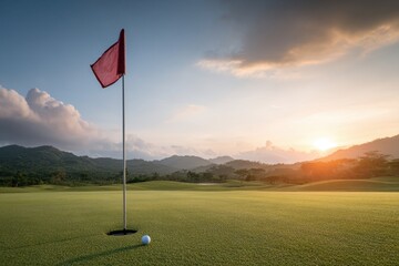 Golf Course Scene at Sunset with Red Flag and Mountain Backdrop