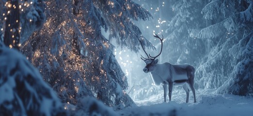 Obraz premium Reindeer standing in snowy forest with magical Christmas lights. Reindeer standing in deep snow, illuminated by magical Christmas lights in a winter forest