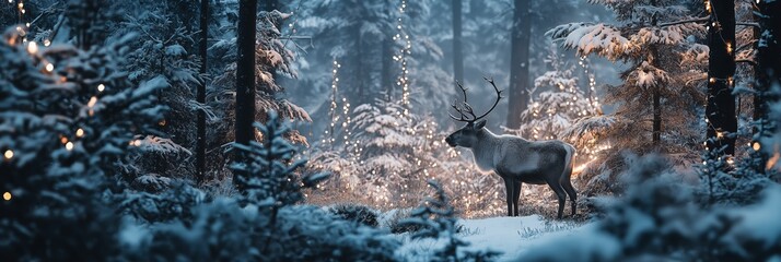 Obraz premium Reindeer standing in snowy forest with magical Christmas lights. Reindeer standing in deep snow, illuminated by magical Christmas lights in a winter forest
