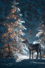 Obraz premium Reindeer standing in snowy forest with magical Christmas lights. Reindeer standing in deep snow, illuminated by magical Christmas lights in a winter forest
