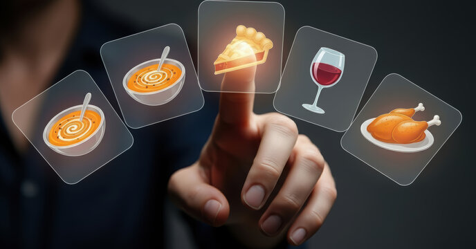 Hand of a person selecting food options on a digital touchscreen, showcasing various dishes like pie, soup, wine, and chicken in a modern culinary interface