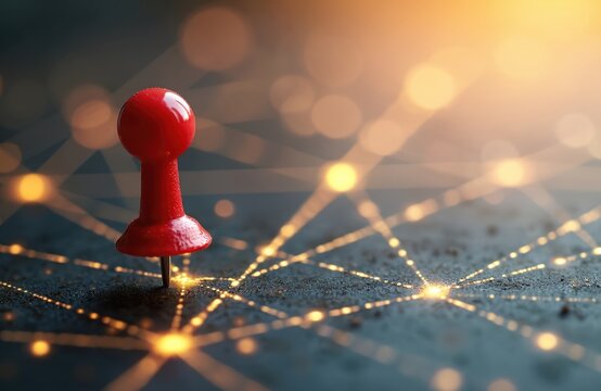 Red pushpin marks vital location on glowing abstract digital map. Bright lines connect numerous data points, forming complex network grid. Visualizes global data connections, modern communication